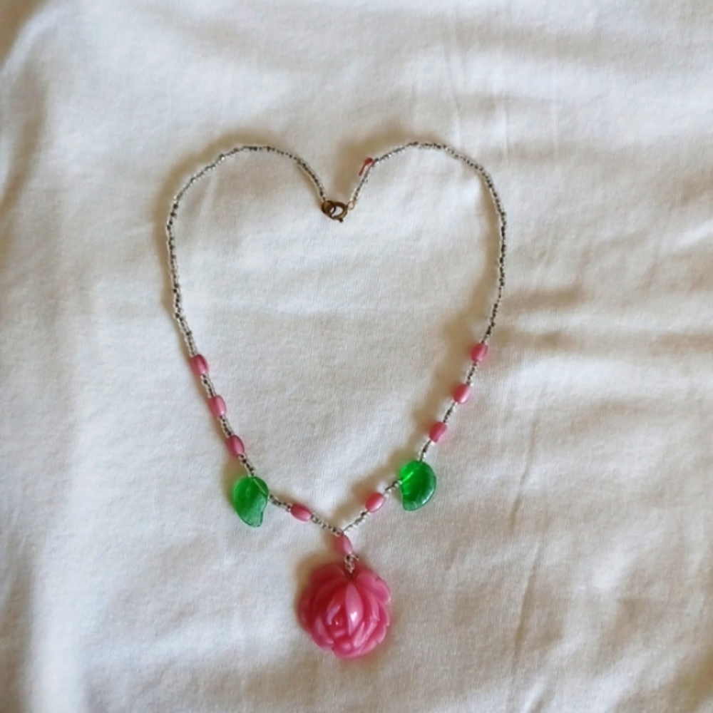 Vintage Czech Glass Rose Necklace